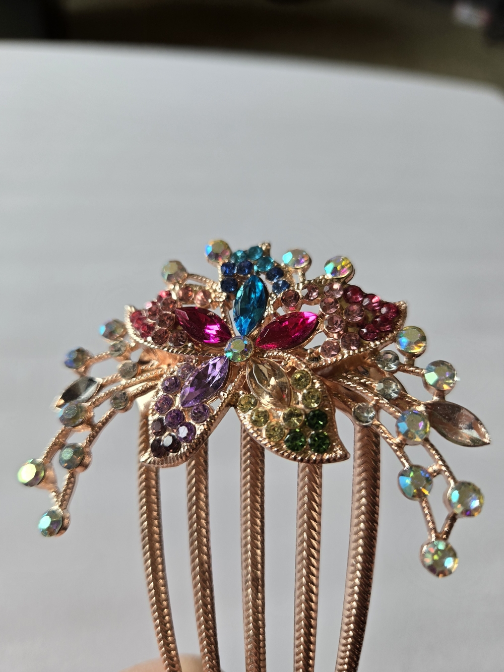 Multicolor Crystal Butterfly Hair Comb in Rose Gold Tone - Picture 2 of 4